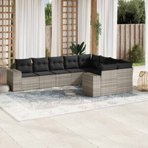 vidaXL 9-delige Loungeset met kussens poly rattan lichtgrijs