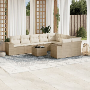 vidaXL 10-delige Loungeset met kussens poly rattan beige