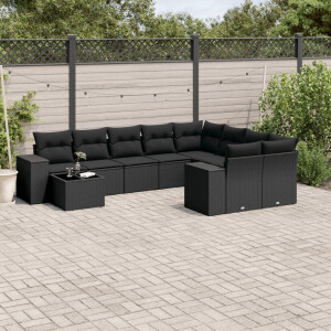 vidaXL 10-delige Loungeset met kussens poly rattan zwart