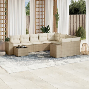vidaXL 10-delige Loungeset met kussens poly rattan beige