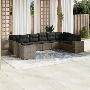 vidaXL 10-delige Loungeset met kussens poly rattan grijs