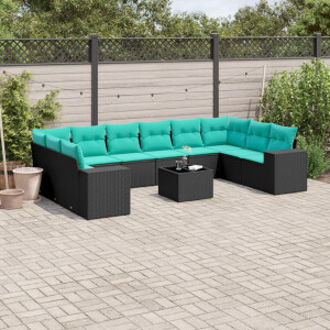 vidaXL 11-delige tuinbankset met kussens, zwart polyrotan