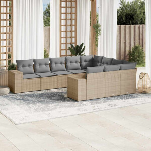 vidaXL 10-delige Loungeset met kussens poly rattan beige