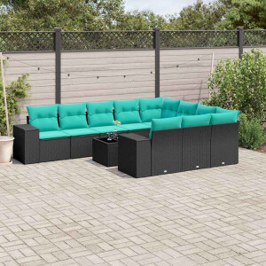 vidaXL 11-delige tuinbankset met kussens, zwart polyrotan