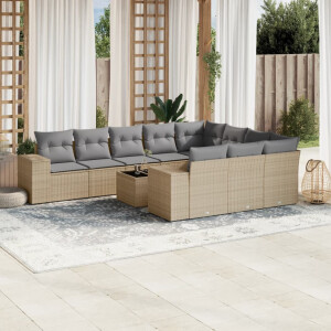 vidaXL 11-delige Tuinset met kussens poly rattan beige