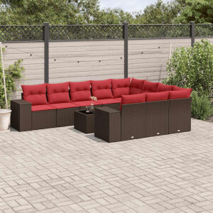vidaXL 11-delige tuinbankset met kussens, bruin polyrotan