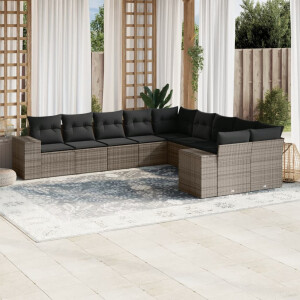 vidaXL 10-delige Loungeset met kussens poly rattan grijs
