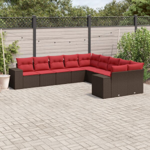 vidaXL 10-delige tuinbankset met kussens, bruin polyrotan