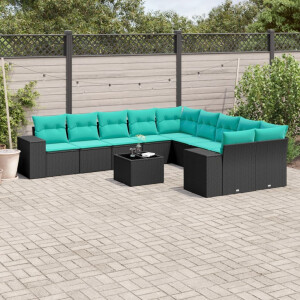 vidaXL 11-delige tuinbankset met kussens, zwart polyrotan