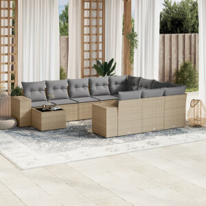 vidaXL 11-delige Tuinset met kussens poly rattan beige
