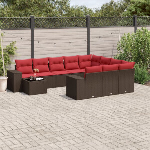 vidaXL 11-delige tuinbankset met kussens, bruin polyrotan
