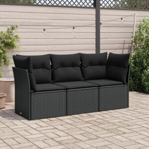 vidaXL 3-delige Loungeset met kussens poly rattan zwart