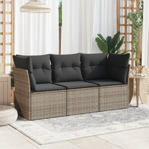 vidaXL 3-delige Loungeset met kussens poly rattan grijs