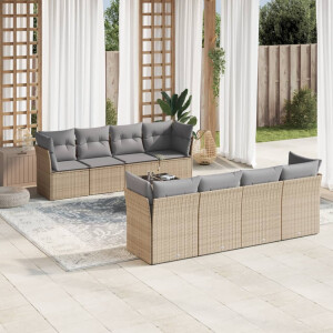vidaXL 9-delige Loungeset met kussens poly rattan beige