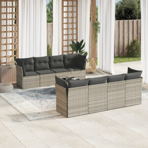 vidaXL 9-delige Loungeset met kussens poly rattan lichtgrijs