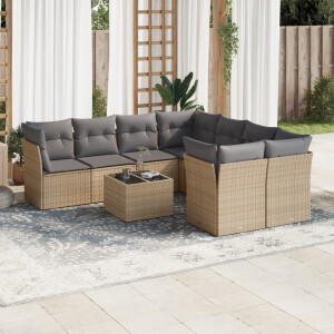 vidaXL 9-delige Loungeset met kussens poly rattan beige