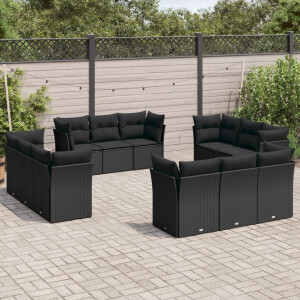 vidaXL 12-delige Loungeset met kussens poly rattan zwart