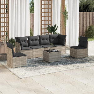 vidaXL 7-delige Loungeset met kussens poly rattan lichtgrijs