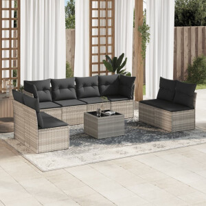vidaXL 9-delige Loungeset met kussens poly rattan lichtgrijs