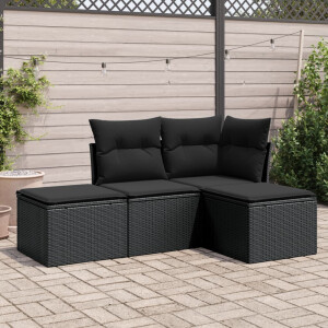 vidaXL 4-delige Loungeset met kussens poly rattan zwart