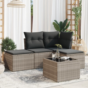 vidaXL 5-delige Loungeset met kussens poly rattan lichtgrijs