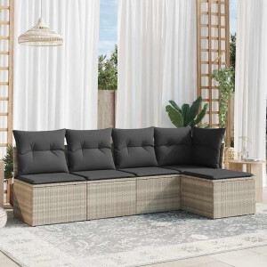vidaXL 5-delige Loungeset met kussens poly rattan lichtgrijs