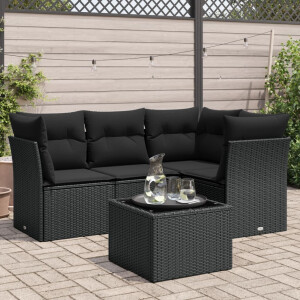 vidaXL 5-delige Loungeset met kussens poly rattan zwart