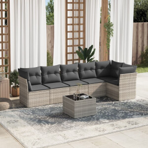 vidaXL 7-delige Loungeset met kussens poly rattan lichtgrijs