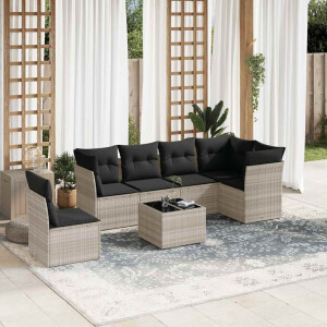 vidaXL 7-delige Loungeset met kussens poly rattan lichtgrijs