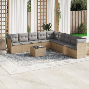 vidaXL 10-delige Loungeset met kussens poly rattan beige