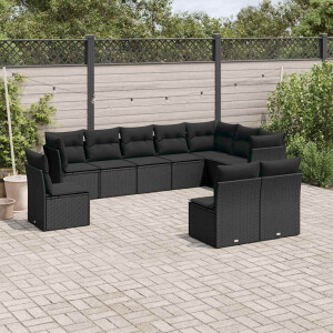 vidaXL 10-delige Loungeset met kussens poly rattan zwart