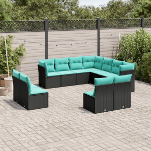 vidaXL 11-delige tuinbankset met kussens, zwart polyrotan