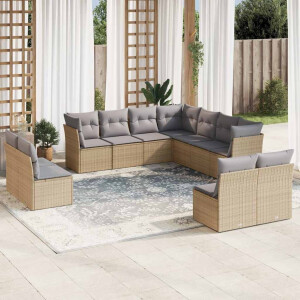 vidaXL 11-delige Tuinset met kussens poly rattan beige