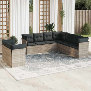 vidaXL 9-delige Loungeset met kussens poly rattan lichtgrijs