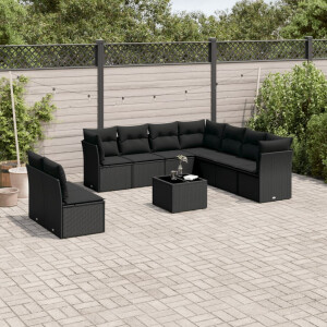 vidaXL 10-delige Loungeset met kussens poly rattan zwart