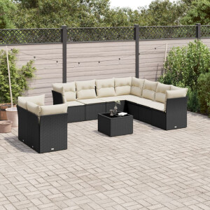 vidaXL 10-delige Loungeset met kussens poly rattan zwart