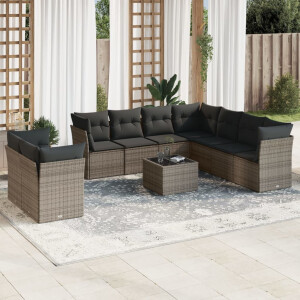 vidaXL 10-delige Loungeset met kussens poly rattan grijs