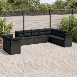 vidaXL 10-delige Loungeset met kussens poly rattan zwart