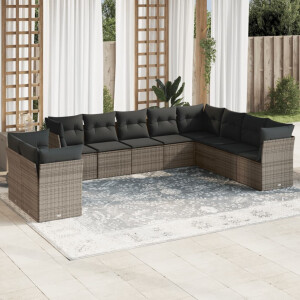 vidaXL 10-delige Loungeset met kussens poly rattan grijs