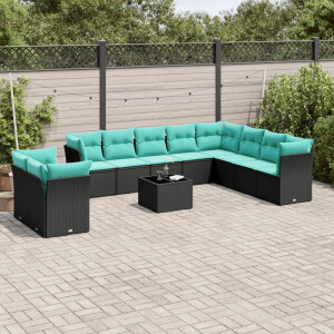 vidaXL 11-delige tuinbankset met kussens, zwart polyrotan