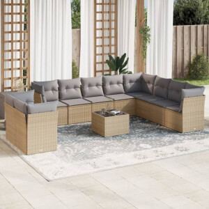 vidaXL 11-delige Tuinset met kussens poly rattan beige
