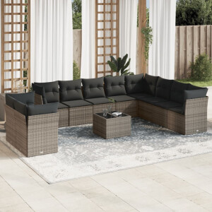 vidaXL 11-delige Loungeset met kussens poly rattan grijs