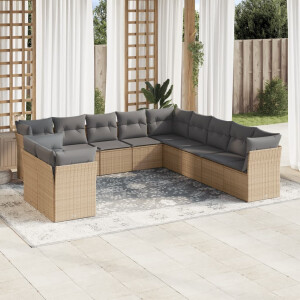 vidaXL 11-delige Tuinset met kussens poly rattan beige