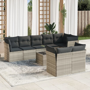 vidaXL 9-delige Loungeset met kussens poly rattan lichtgrijs