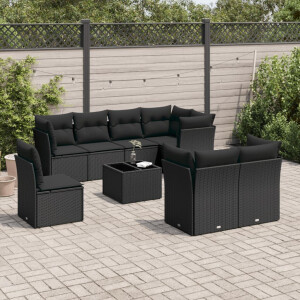 vidaXL 9-delige Loungeset met kussens poly rattan zwart