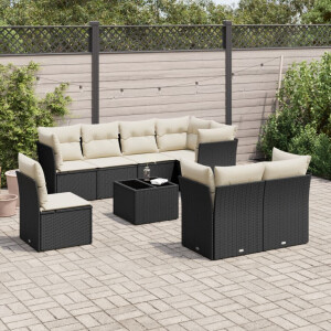 vidaXL 9-delige Loungeset met kussens poly rattan zwart