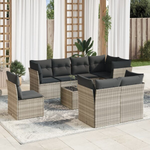 vidaXL 9-delige Loungeset met kussens poly rattan lichtgrijs
