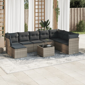 vidaXL 9-delige Loungeset met kussens poly rattan grijs