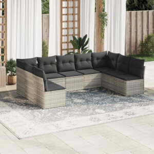 vidaXL 9-delige Loungeset met kussens poly rattan lichtgrijs