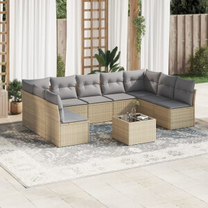 vidaXL 10-delige Loungeset met kussens poly rattan beige